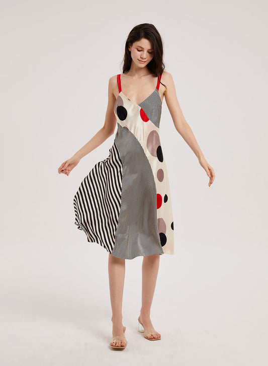 Summer Color-Block Polka Dot & Stripe Slip Dress